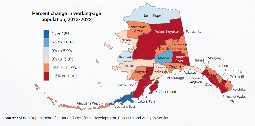 Alaska  map shows workforce shrinkage across state.